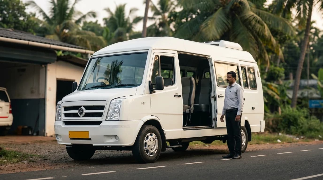 Mango Cabs 12-seater Tempo Traveller staged at the Sreekariyam garage in Trivandrum