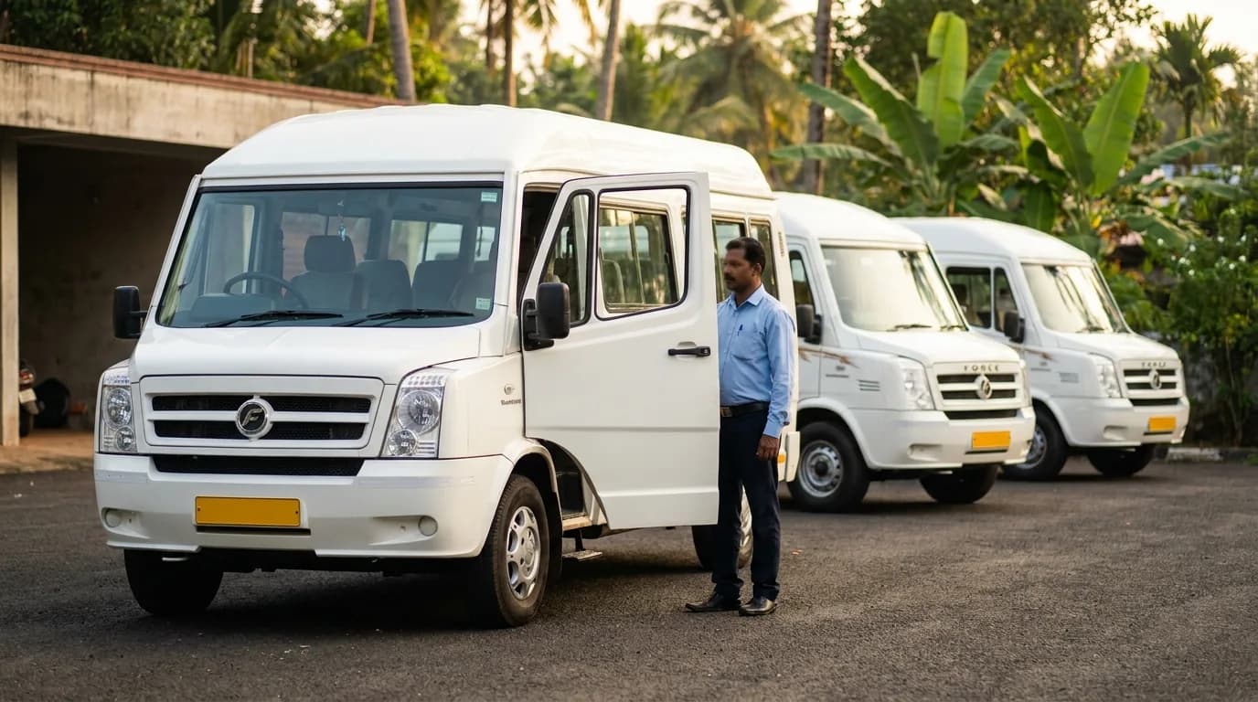 Mango Cabs Tempo Traveller staged at the Sreekariyam garage for a Kerala school excursion