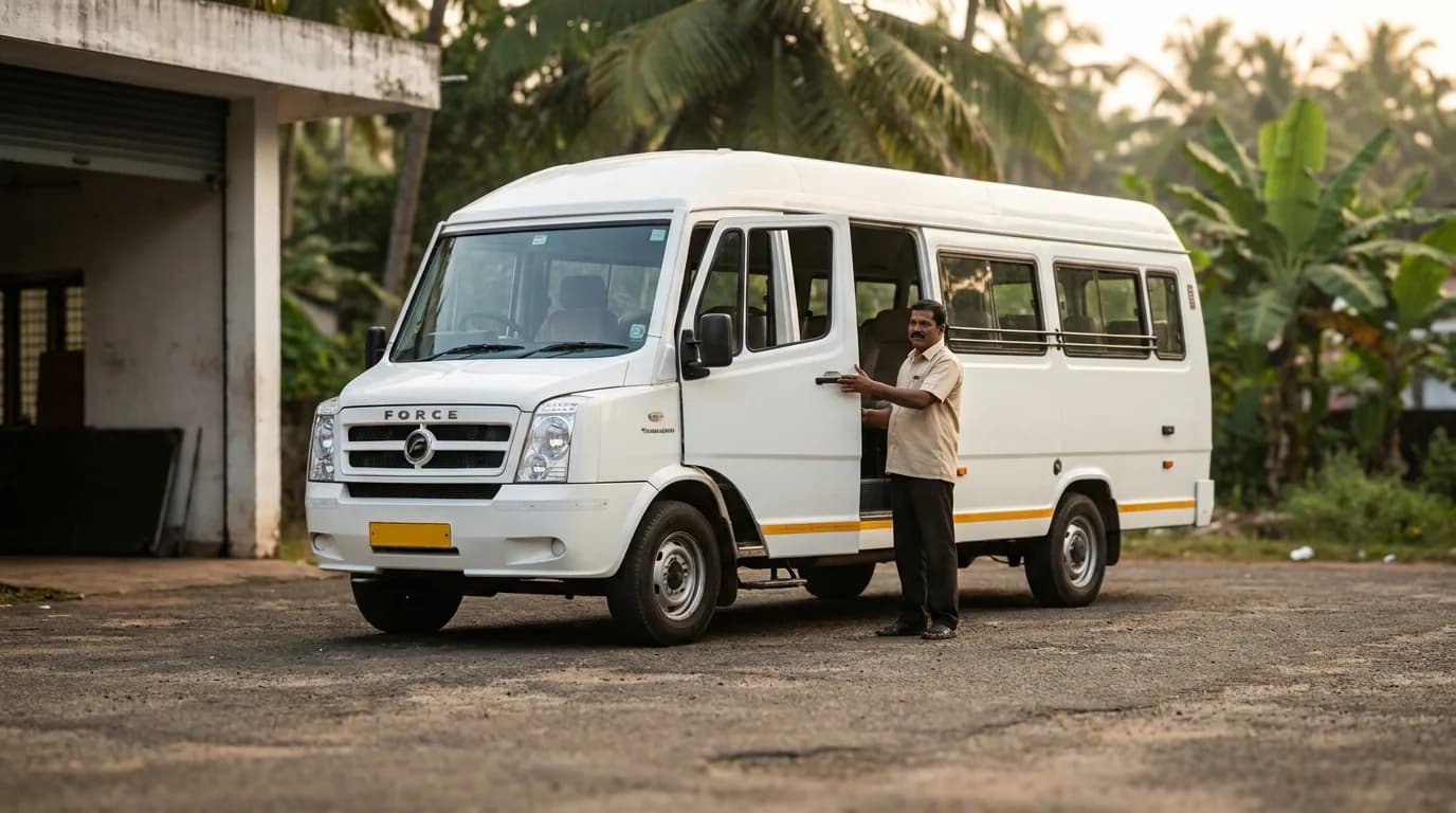 Mango Cabs 17-seater Tempo Traveller for joint-family Kerala tour and pilgrimage circuits