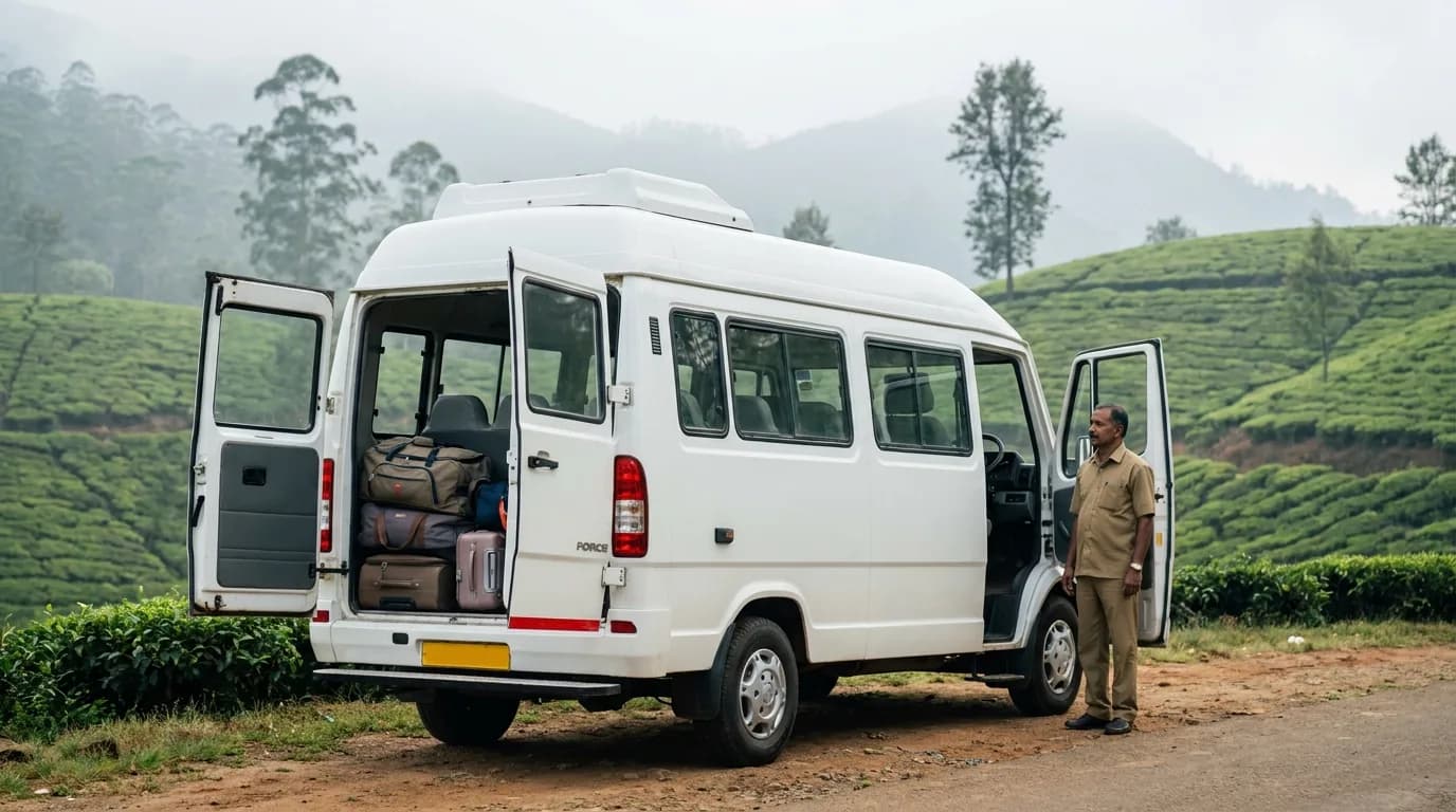 Mango Cabs Tempo Traveller on the Trivandrum-to-Munnar leg of a 5-day Kerala tour loop